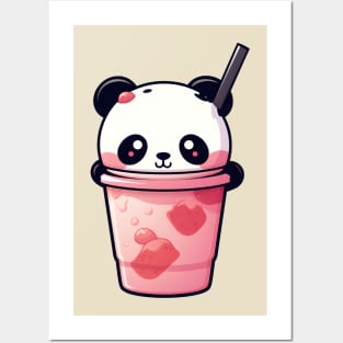 Cute little panda in a cup of bubble tea Posters and Art